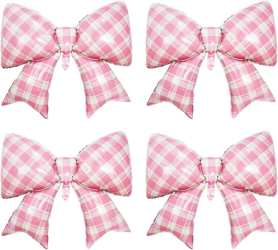 Pink Plaid Bow Foil Balloons Large Checkered/Gingham Bow Knot Balloon Coquette Bow Themed Party Decor For One Silly Goose Birthday Baby Shower Girls Just Wanna Be One Birthday Party Decorations