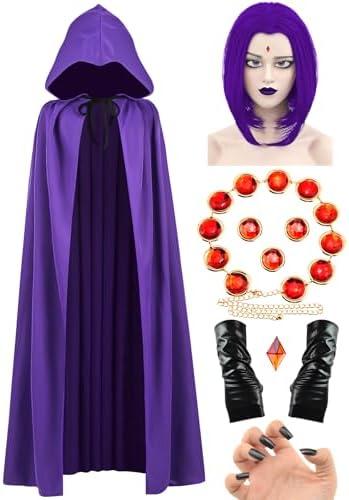 Halloween Costumes for Women, Purple Cape, Anime Cosplay Hooded Cloak, Purple Anime Wig, Womens Costumes Props Set Size S,M