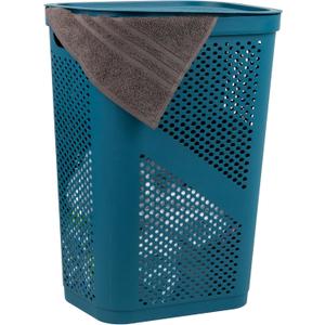 Mind Reader Slim Laundry Hamper with Lid, 60L Clothes Basket, Ventilated Plastic, Blue, Single