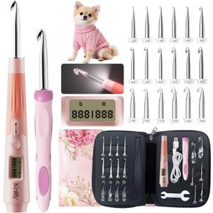 knitly Light Up Crochet Hooks Set with Digital Counter,18 Size Counting Crochet Hook with 2.014.0 mm Interchangeable Hooks, Ergonomic Crochet Kit & Gift for Arthritic Hands (Coral pink)