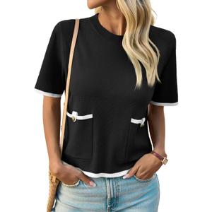Saodimallsu Women's Short Sleeve Color Block Crew Neck Sweater (Black)