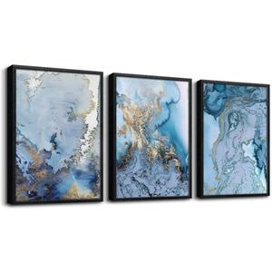 Black Framed Wall Art For Living Room Large Wall Decor For Office Bedroom Wall Decorations Minimalist Abstract Paintings blue Watercolor Wall Pictures Artwork Home Decor 3 Piece Framed Prints Art, 20x28inches*3pcs