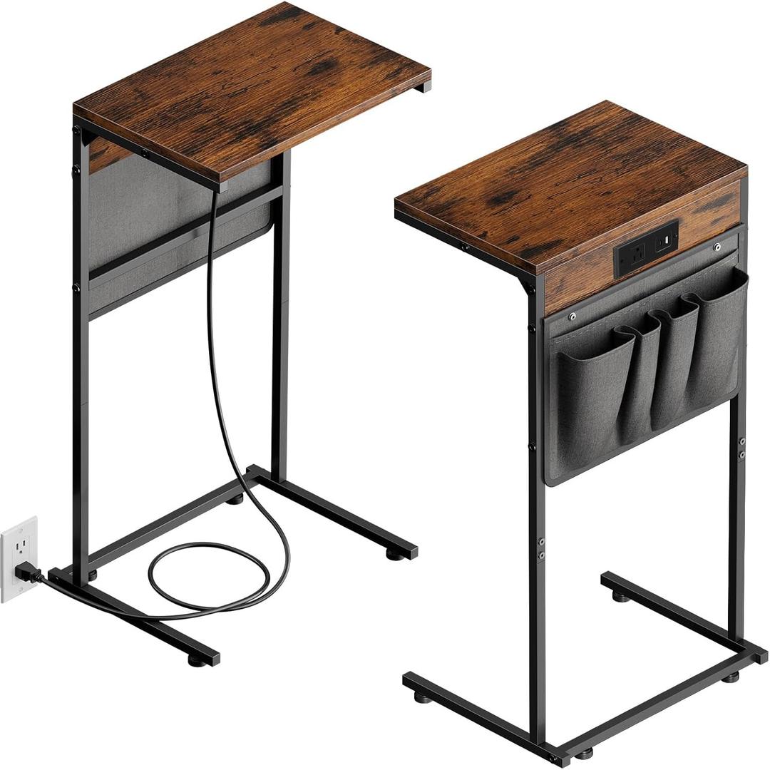 Evermagin C Shaped End Table with Charging Station Set of 2, Small Side Table with Storage Bag for Couch and Recliner, Slide Under Sofa Tray for Living Room, Bedroom, Rustic Brown
