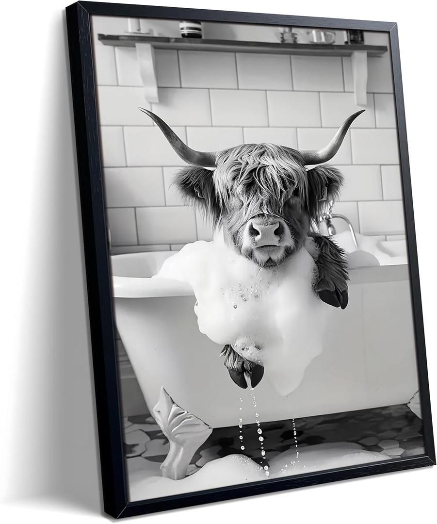 Highland Cow Bathroom Wall Art, Cute Black and White Animal Wall Decor Painting, Highland Cow in Bathtub Farmhouse Canvas Print Picture, Funny Bathroom Restroom Decor 8x10 Inch Wood Framed