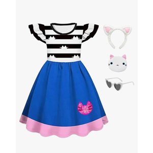Girls' Dream Toy House Ruffled Sleeve Dress Set With Cat Headband Glasses For Christmas Halloween Outfits 3-8yrs old
