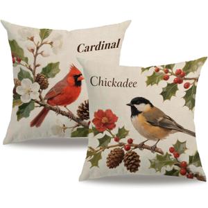 7COLORROOM Set of 2 Christmas Cardinal Throw Pillow Covers Red Birds Stand On Tree Branch with Berry/Red Flower Cushion Cover Farmhouse Christmas Pillowcases 18 x 18 Inch for Seasonal Decor