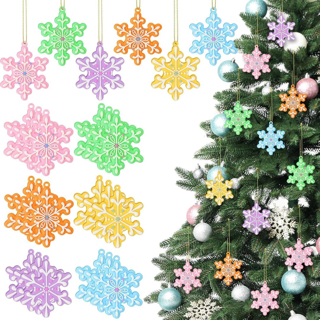 2 x 24 Pcs Pastel Christmas Candy Snowflake Gingerbread Ornaments Xmas Tree Hanging Decorations Winter Candy Snowflake Ornaments with Ropes for Christmas Tree Winter Crafts Xmas Decor