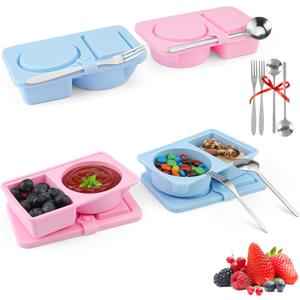 KITHELP Reusable Snack Containers with Lids, 2 Compartment Silicone Snack Prep Containers with Spoons and Forks, Double Compartment Condiment Box Salad Sauc for Portion Control, Travel4 pack