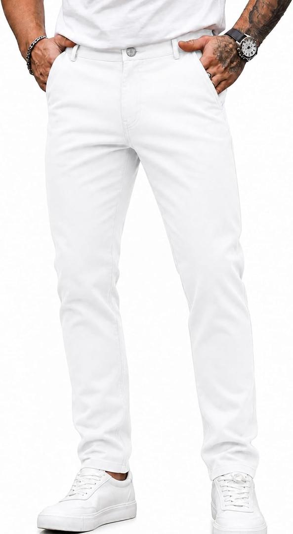 HUNGSON Mens Chinos Dress Pants Slim Fit Stretch Business Casual Golf Work Slacks Trousers (White)