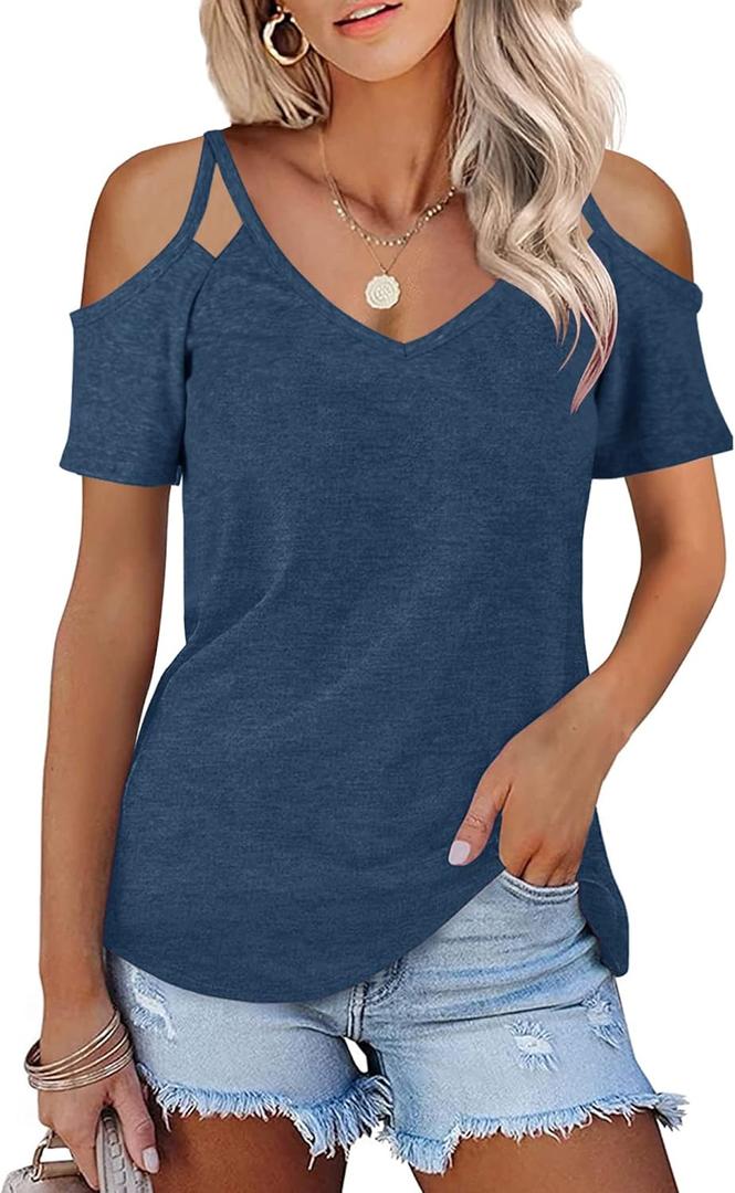 Minclouse Women's Summer Short Sleeves Tops Cold Shoulder V Neck Shirts Casual Strappy Tees (XX-Large, Blue)