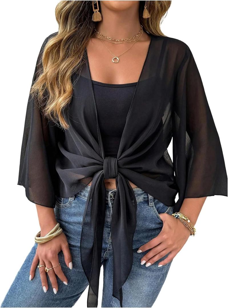BEAUDRM Women's Plus Size Tie Front Top Sheer Mesh 3/4 Sleeve Lightweight Cardigan Casual Crop Tops (X-Large Plus, Black)