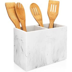 Essentra Home White Marble Kitchen Utensil Holder for Countertop, Rectangular Utensil Crock with Two Compartments. (9" x 4.5" x 6.5" Rectangular)