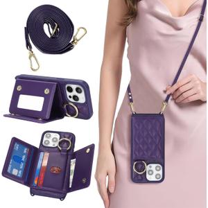 for iPhone 15 Pro Max Case with Card Holder and Strap, Deep Purple