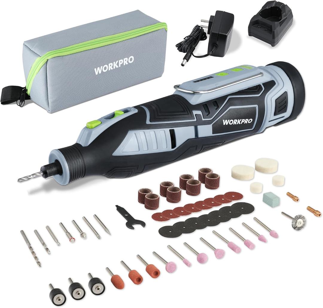 WORKPRO 12V Cordless Rotary Tool Kit, 5 Variable Speeds, Powerful Engraver, Sander, Polisher, 114 Easy Change Accessories, Craft Tool for Handmade and DIY (Grey)