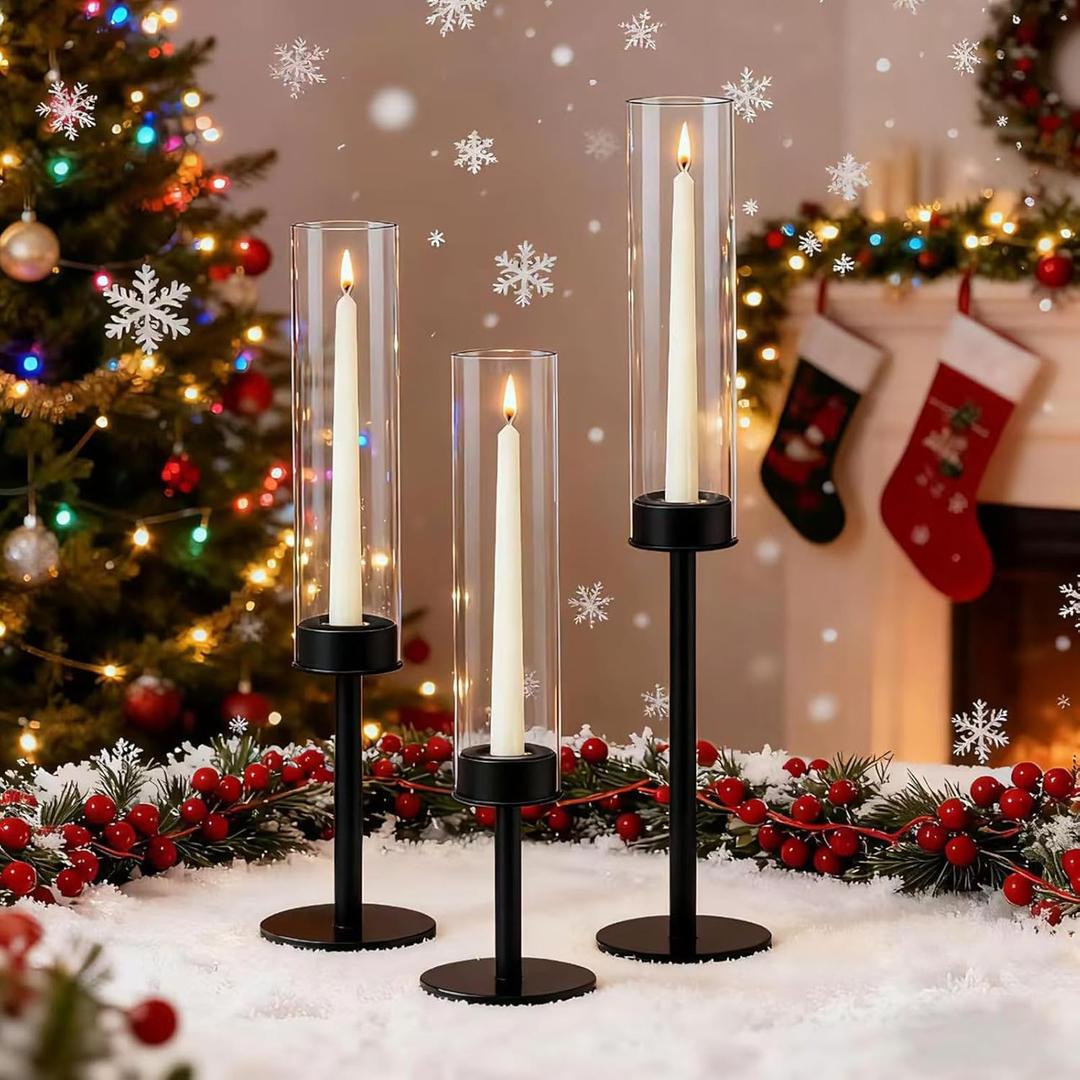 Black Taper Candle Holder Set with Glass Hurricane  Modern Candlestick Holders for Dining Room, Premium Gift Set for Wedding, Fall Centerpieces for Tables, Warmly Gift for Home Decor, Christmas Decor