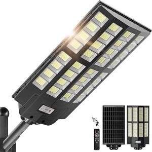 8000W Solar Street Lights Outdoor - Wide Angle Solar Lights Outdoor Dusk to Dawn, Commercial Parking Lot Light Motion Sensor with Remote Control, 7000K LED Street Light IP66 Waterproof (One of the LED panels is no longer working.