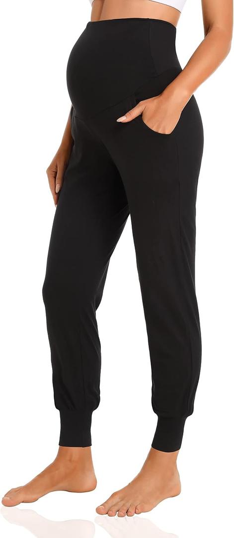 V VOCNI Women's Maternity Pants Maternity Activewear Jogger Track Cuff Sweatpants Over The Belly Stretchy Pregnancy Pants (Black, L)