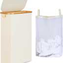 65L Slim Laundry Hamper, Narrow Laundry Basket with Lid,Foldable Clothes Hamper with Bamboo Handles,Hamper Basket with Removable Inner Bag for Laundry Room Bedroom College Dorm,17.17 Gals Beige
