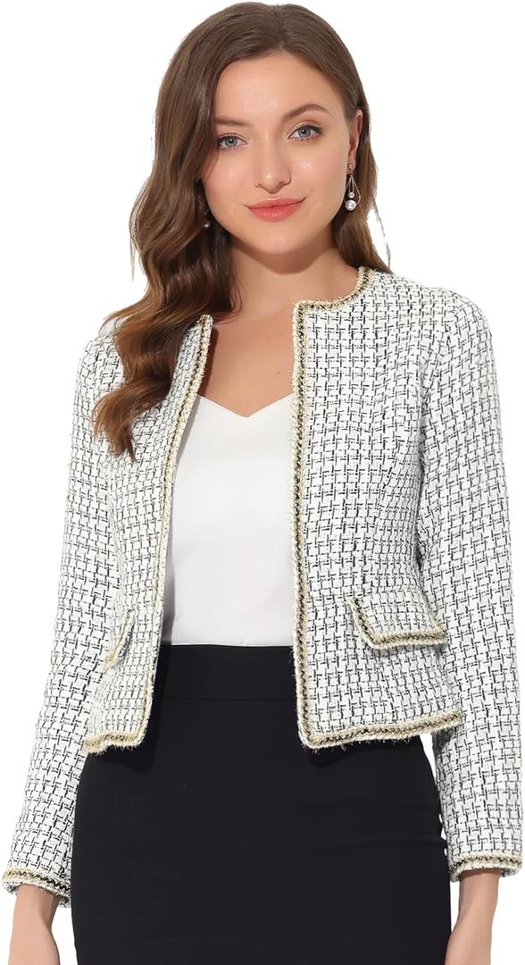 Allegra K Women's Plaid Tweed Blazer Long Sleeve Open Front Work Office Short Jacket, XS