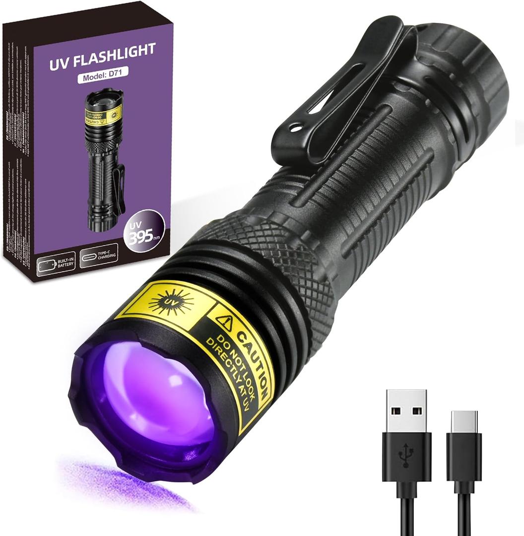 DARKDAWN UV Flashlight 395nm Black Light Mini USB Rechargeable Ultraviolet LED Blacklight Woods Lamp for Pet Urine Stains, Scorpions, Resin Curing