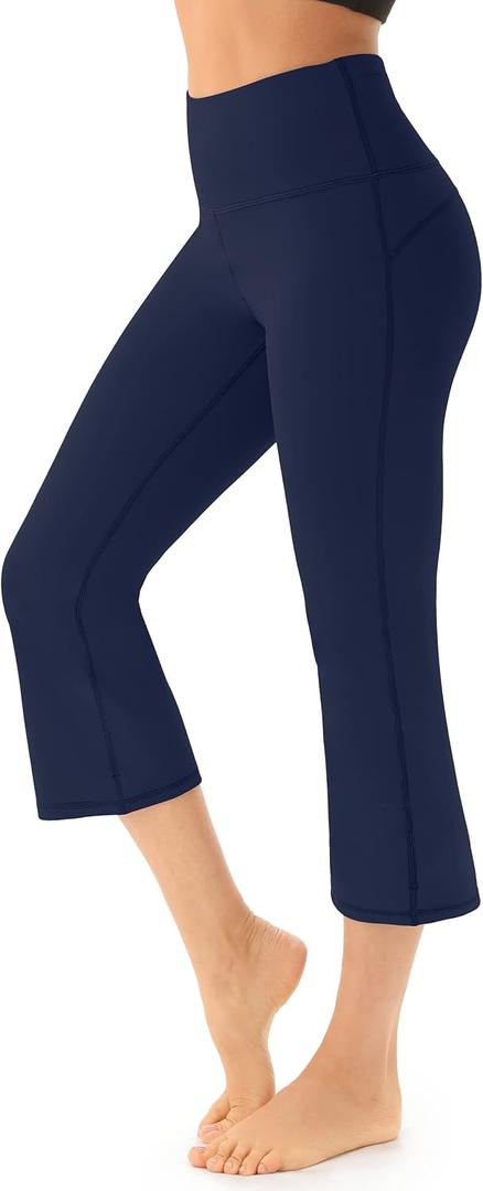 AFITNE Yoga Pants for Women Bootcut Capris with Pockets High Waisted Flare Workout Bootleg Yoga Crop Flared Athletic Gym Pants Navy Blue - S