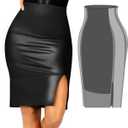 Popilush Faux Leather Skirts with Built in Mesh Shapewear Tummy Control High Waist Midi Skirt with Shaper for Women (Medium, Black)