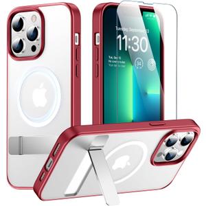 SPIDERCASE Magnetic for iPhone 13 Pro Max Case, with 2Pcs [Tempered Glass Screen Protector] [ Military Grade Drop Protection] Invisible Kickstand Slim Case for iPhone 13 Pro Max 6.7", Red
