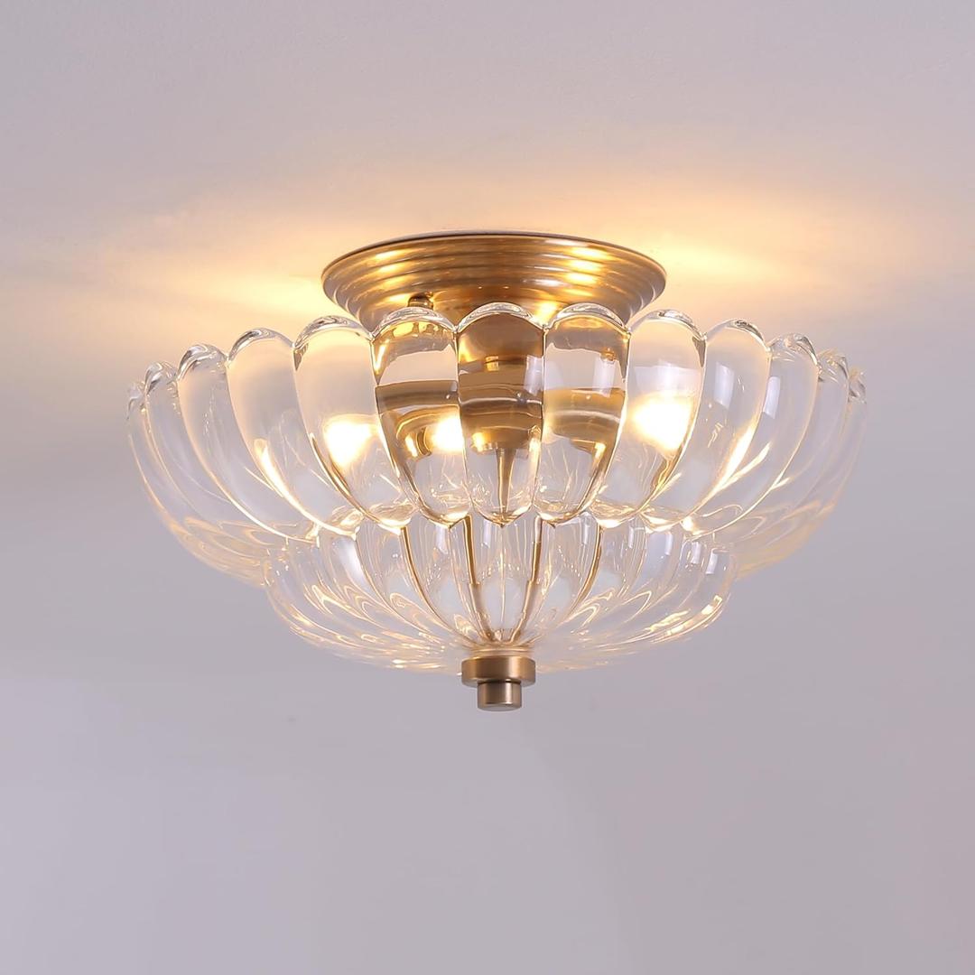 Semi Flush Mount Ceiling Light, Scalloped Clear Glass Close to Ceiling Light Fixtures with 2 Lights, Gold Vintage Light fixtures for Bedroom Living Room Entryway Hallway