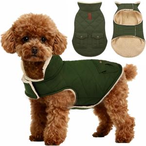 ASENKU Warm Dog Winter Coat, Waterproof Dog Coat for Cold Weather, Fleece Dogs Jacket with Ultra Thick Plush Lining Leash Hole Storage Pockets for Small Dogs (Green, Small)