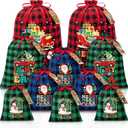 10 PCS Christmas Drawstring Gift Bags with Tags, Buffalo Plaid Xmas Gift Bags Assorted Sizes Bulk, Cotton Fabric Holiday Gift Bag  for Xmas Presents Decor Party Favors