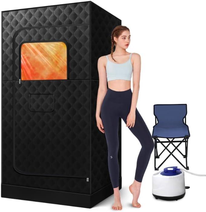 Portable Sauna Box for Home & Gym Includes 3L Steamer, Large Folding Chair, and Full-Body Steam Tent (31.5"x31.5"x71") Perfect for Relaxation Anywhere (Black)