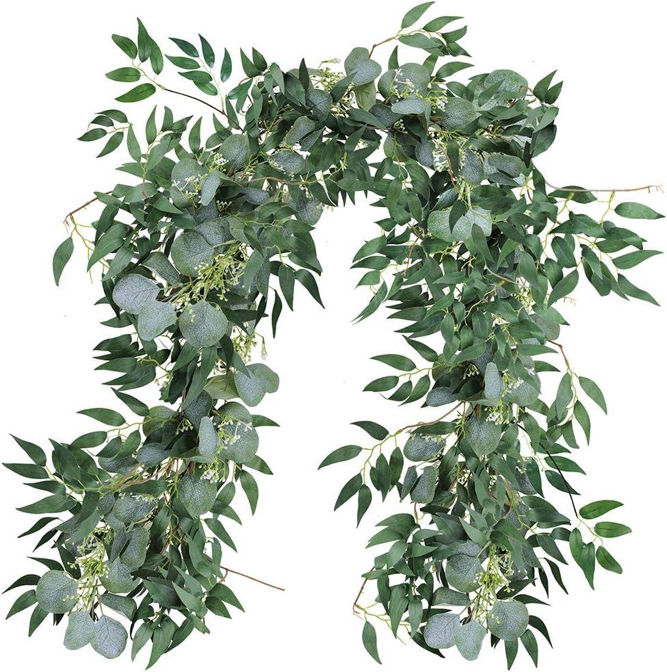 2 Pack Fake Greenery Garlands Artificial Silver Dollar Eucalyptus Garland in Grey Green and Willow Twigs Garland Intertwined Together for Rustic Wedding Arch Swag Doorways Table Runner Decoration