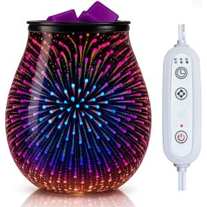 Leyoue 3D Glass Fireworks Electric Wax Melt Warmer with PTC Heating Plate 7 Colors LED Changing Light Wax Burner Melter Fragrance Warmer for Home (Timing Switch)
