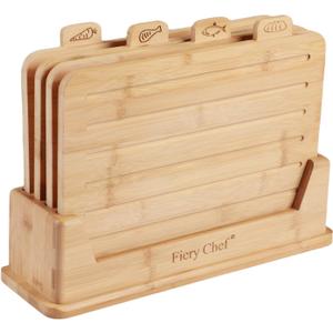 Fiery Chef 12.6"L x 9"W Bamboo Cutting Board Set of 4 - Wood Cutting Board Set with Holder, Chopping Boards Set with Food Icons, Juice Groove - Ideal for Meat, Fish, Bread, Vegetable, Fruit Chopping