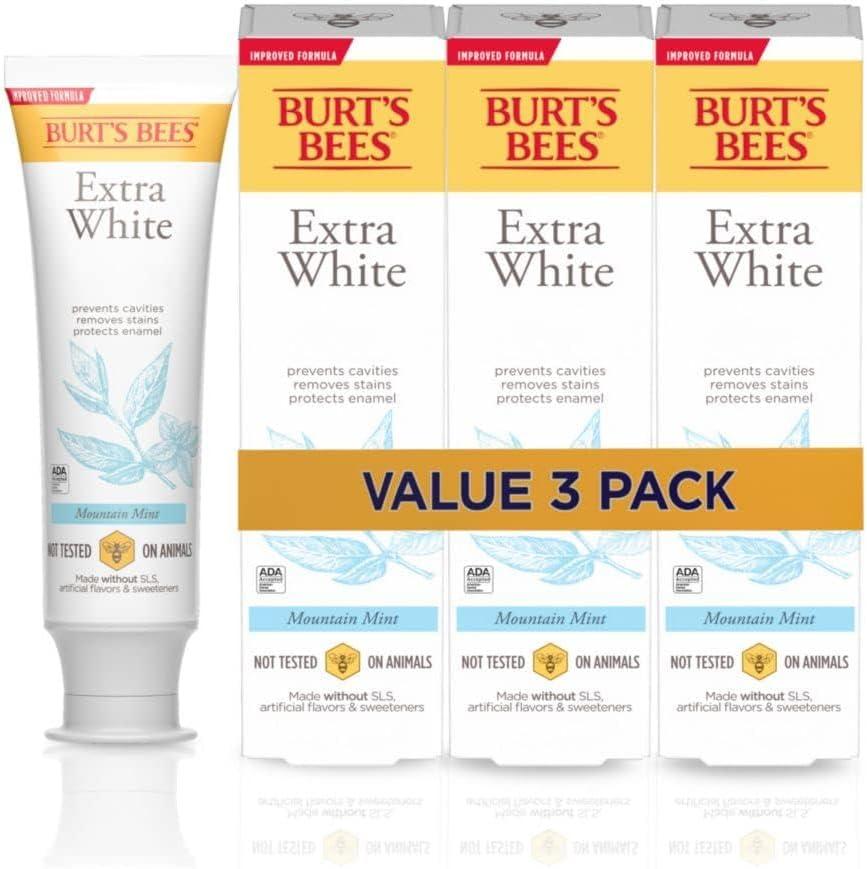 Burt's Bees Extra White Toothpaste, Fluoride Toothpaste, Natural Flavor, Mountain Mint, 4.7 oz, Pack of 3