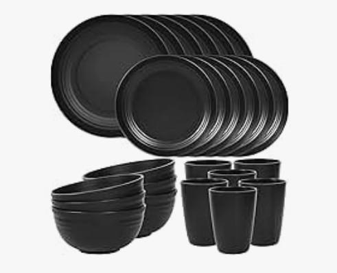 LAERJIN 56 Piece Wheat Straw Dinnerware Sets,Unbreakable Reusable Dinnerware Set,Dishwasher & Microwave Safe Plates and Bowls Sets, for Apartment Essentials, Outdoor Camping, Black