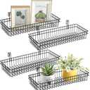 Blulu 4 Pcs 15.75 x 5.91 x 1.97 Inch Metal Grid Wall Baskets with Hooks Grid Wall Shelves Hanging Wire Basket Multi Function Storage Organizer for Kitchen Organizing Display (Black)