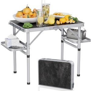 Titanker Folding Camping Table Small 2ft, Small Camp Table Portable with 50% Extra Space, Folding Picnic Beach Table Portable, Car Camping Essentials, Aluminum Light Solid, Silver (Small 24.4"L x 16.3"W x 20.9"H, Dark Marble Top & Silver Frame)