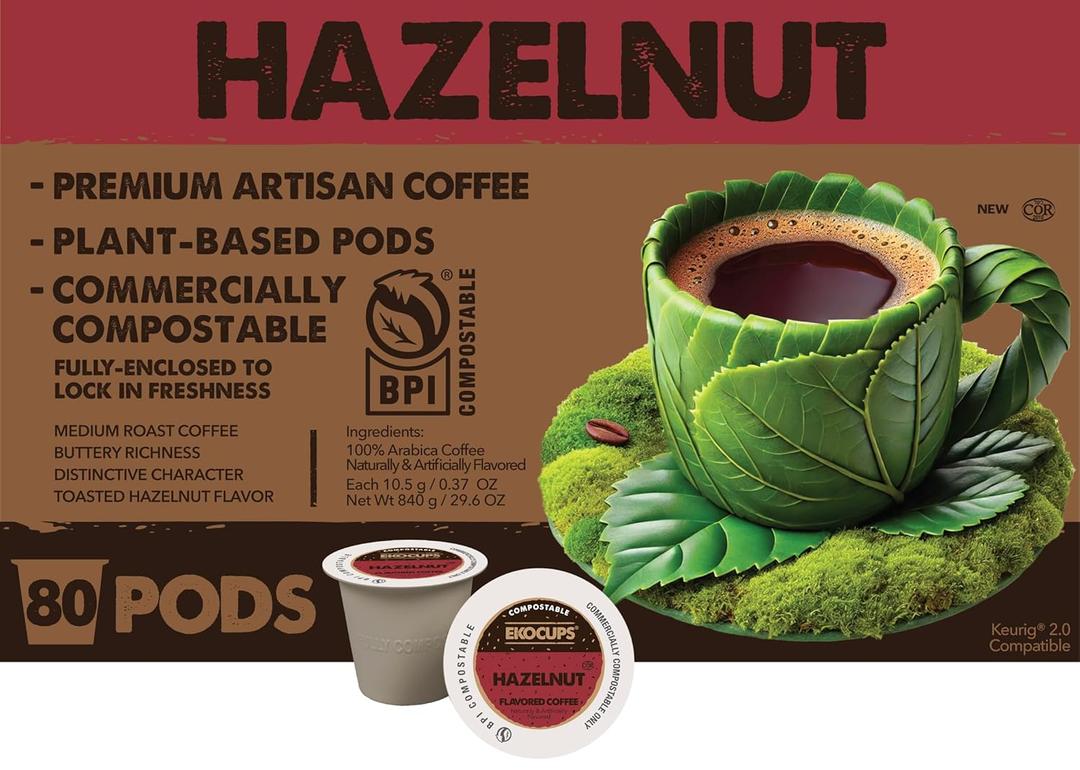 Ekocups Hazelnut Coffee Pods Medium Roast, Compostable, Plant-Based & Freshness-Sealed French Press-Quality Brew K-Cup Brewer Compatible 80ct, BB Date 11/19/2026