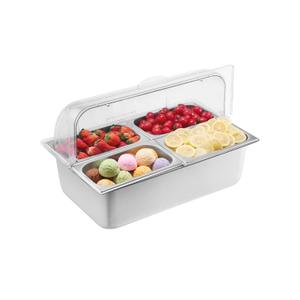 VEVOR Countertop Food Serving Display Container, 4 Pan Stainless Steel Food Serving Tray, Buffet Condiment Dispenser Display Rack with Clear Lid & 3 Freezer Boxes, for Restaurant Hotel Kitchen Party