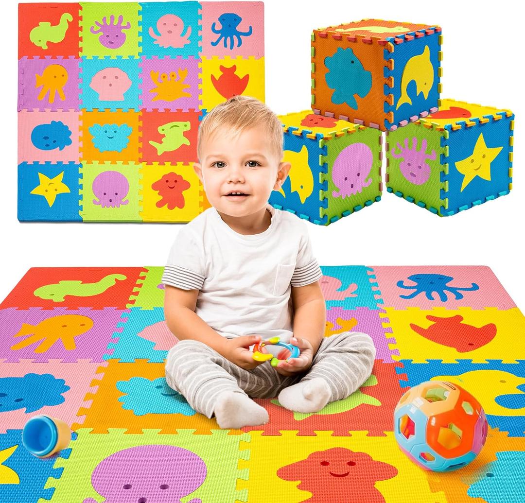 TOYVELT Foam Puzzle Floor Mat for Kids 12x12-16 Interlocking Play Mat Tiles with Colors, Alphabet, ABC - Educational Large Puzzle Foam Floor Tiles for Crawling, Exercise, Playroom, Play Area (Animals)