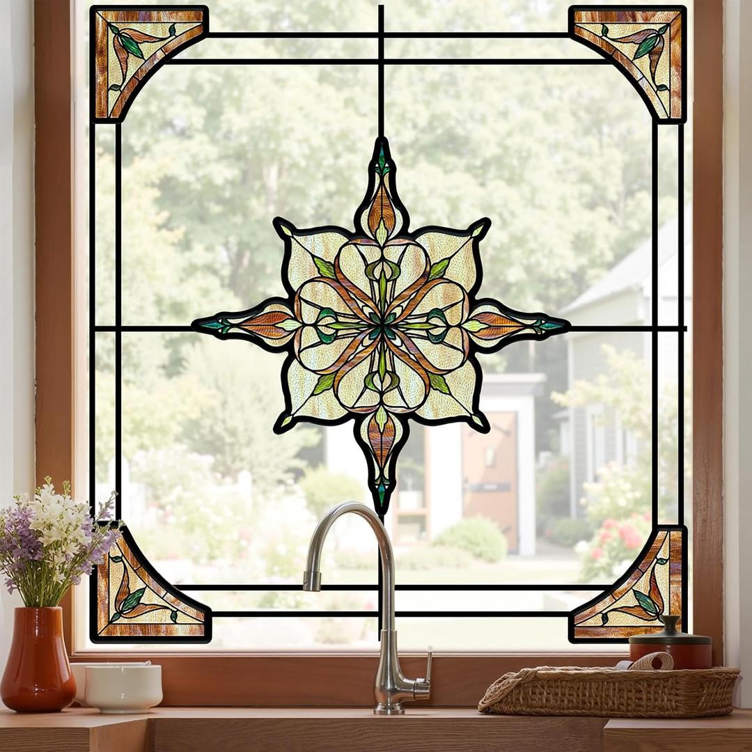 ADD.HERES Window Stickers, Stained Glass Window Privacy Film, UV Blocking Static Cling for Home Kitchen Office Bathroom, Amber Starry Light, 11.81" X 15.75"