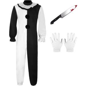 Adult Clown Costume Jumpsuit Costume Horror Movie Halloween The Killer Clown Outfits (X-Large, Black, White)