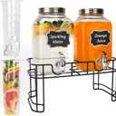 Waymind 1 Gallon Glass Drink Dispensers, 2 Pack Clear Beverage Dispenser with Stand and Spigot for Parties, Drink Dispenser with Ice Core and Sticker for BBQ, Picnic, Lemonade Dispenser