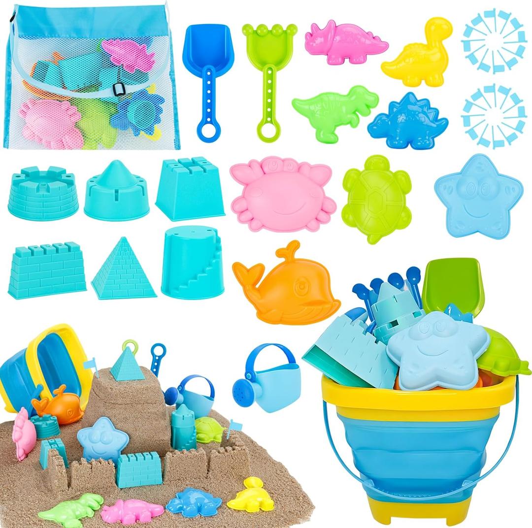 Collapsible Beach Toys Set for Kids Boys Castle Sand Toys Set with Sand Bucket & Shovels Set & Sand Molds and Mesh Bag, Travel Sandbox Toys for Toddlers Age 3-10. (Blue)