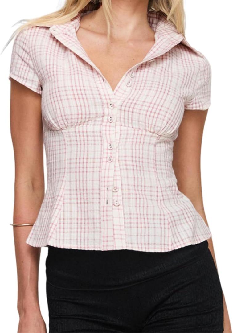 Women's Plaid Shirt Button-up Short Sleeve Collared Slim Fit Casual Summer Blouse Tops (Pink, Small)