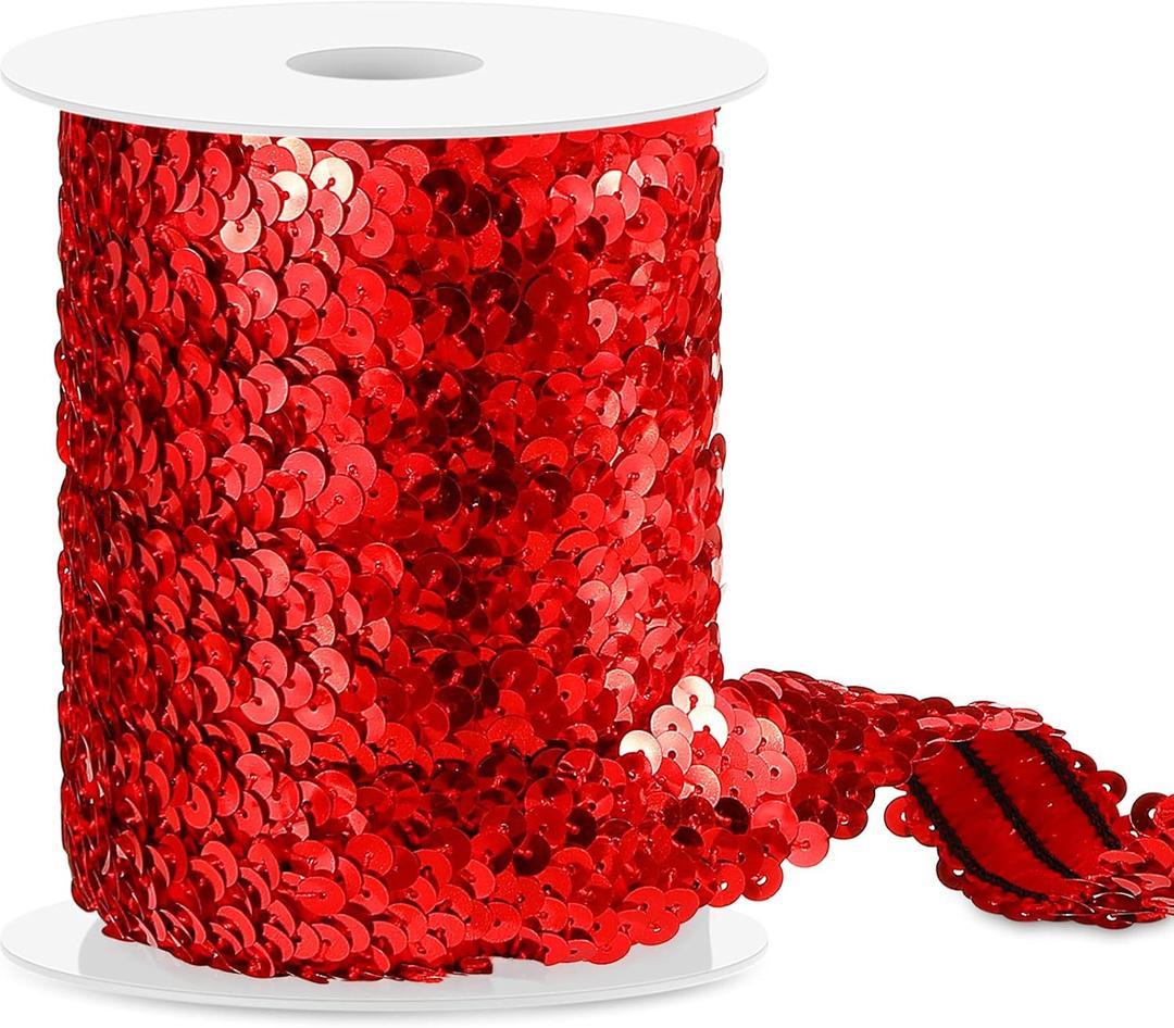 Chuangdi 11 Yard 1 Inch Elastic Sequins Trim 3 Row Flat Glitter Sequin Bling Fabric Paillette Ribbon Trim Metallic Stretch Crafts Elastic Lace for Dress Embellish(Red)