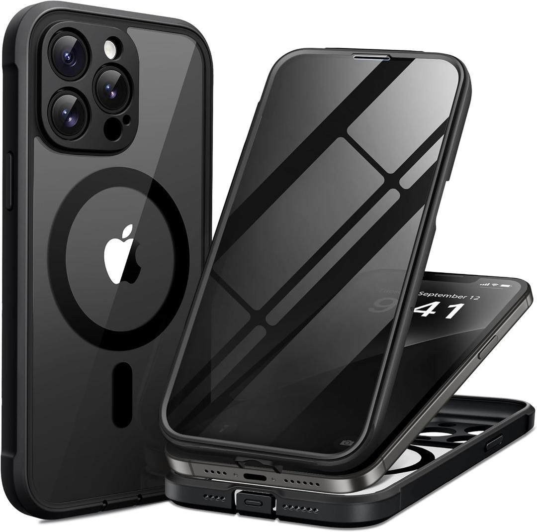 BERFY for iPhone 13 Pro Max Case, Compatible with MagSafe, Built-in Privacy Screen Protector and Camera Protection, Anti-Spy Full Body Shockproof Clear Phone Case for 13 Pro Max 6.7", Black