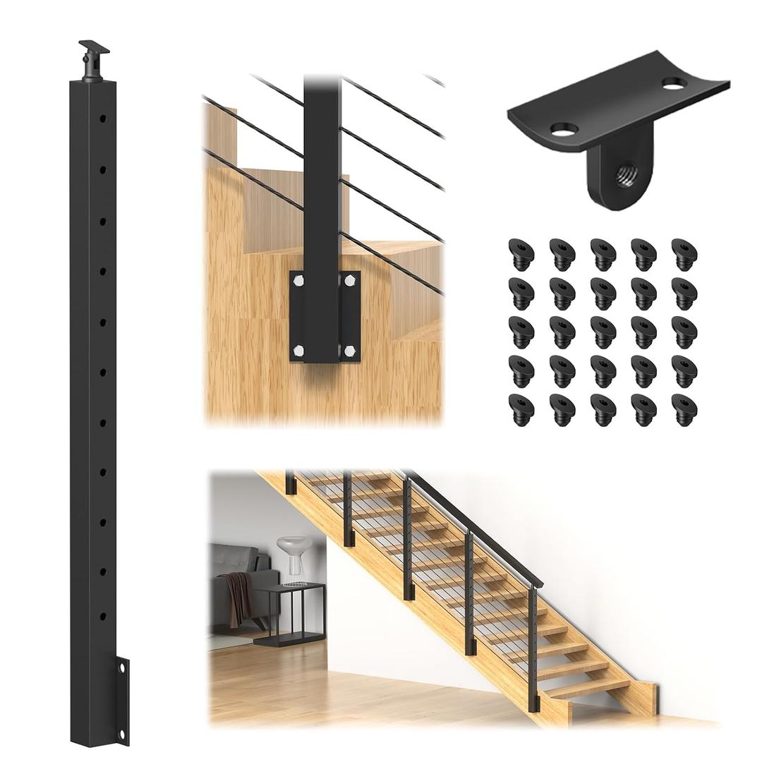 36" Side Mount Stair Railing Post, Stainless Steel Left Side 25-35 Degrees Stair Post w/Cable Grommets, Space-Saving Fascia Mount Deck Stair Railing System, 1/8" Black Cable Railing Kit, RG72
