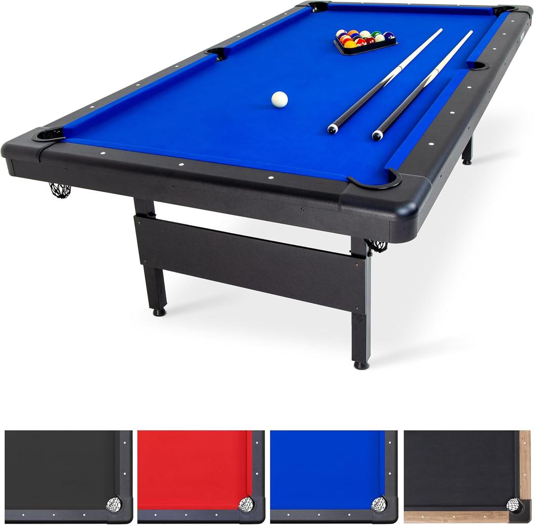 GoSports Full Size 8 ft x 4.2 ft Billiards Game Table - Foldable Design, Includes Full Set of Pool Balls, 2 Cue Sticks, Chalk, and Felt Brush - Blue